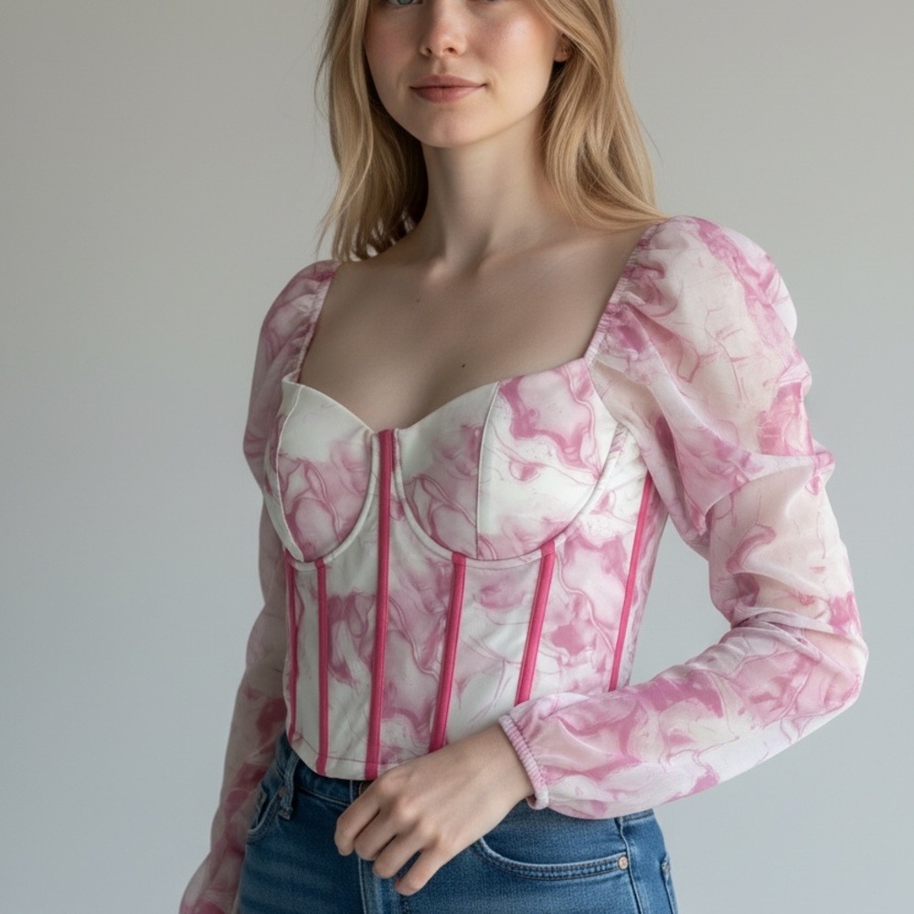 Pink Tie-Dye Corcet Top with Sheer Sleeves Sz Small Y2K Fairy Core Coquette Bust